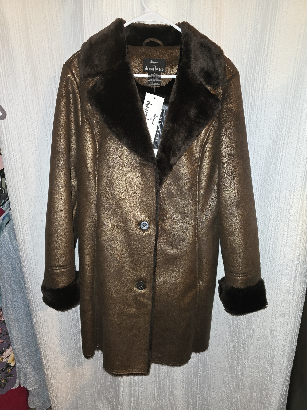 Womens LARGE dennis basso Metallic Brown Faux Shearling-Trim Leather Jacket